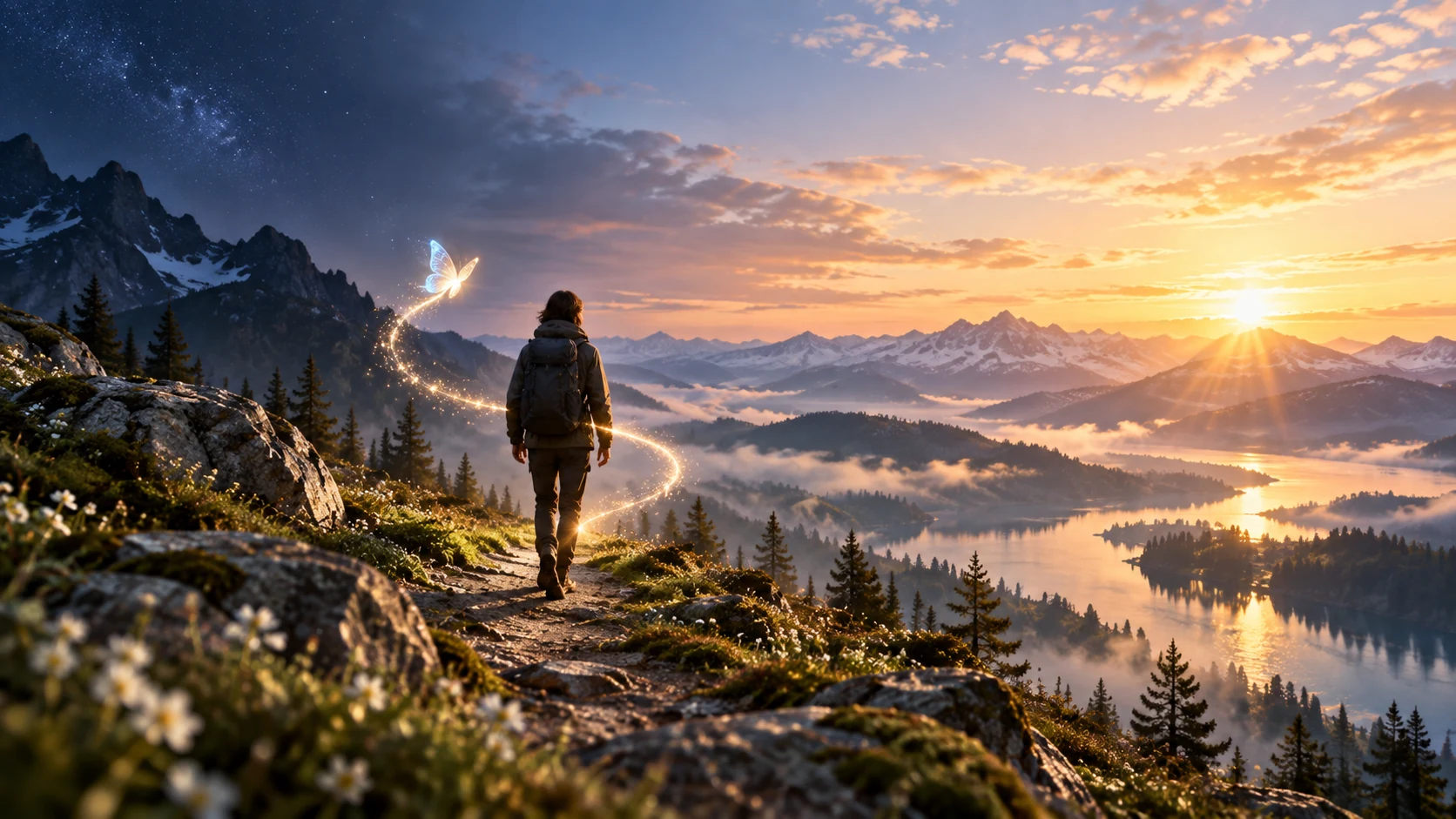 A person walking toward sunrise guided by a butterfly