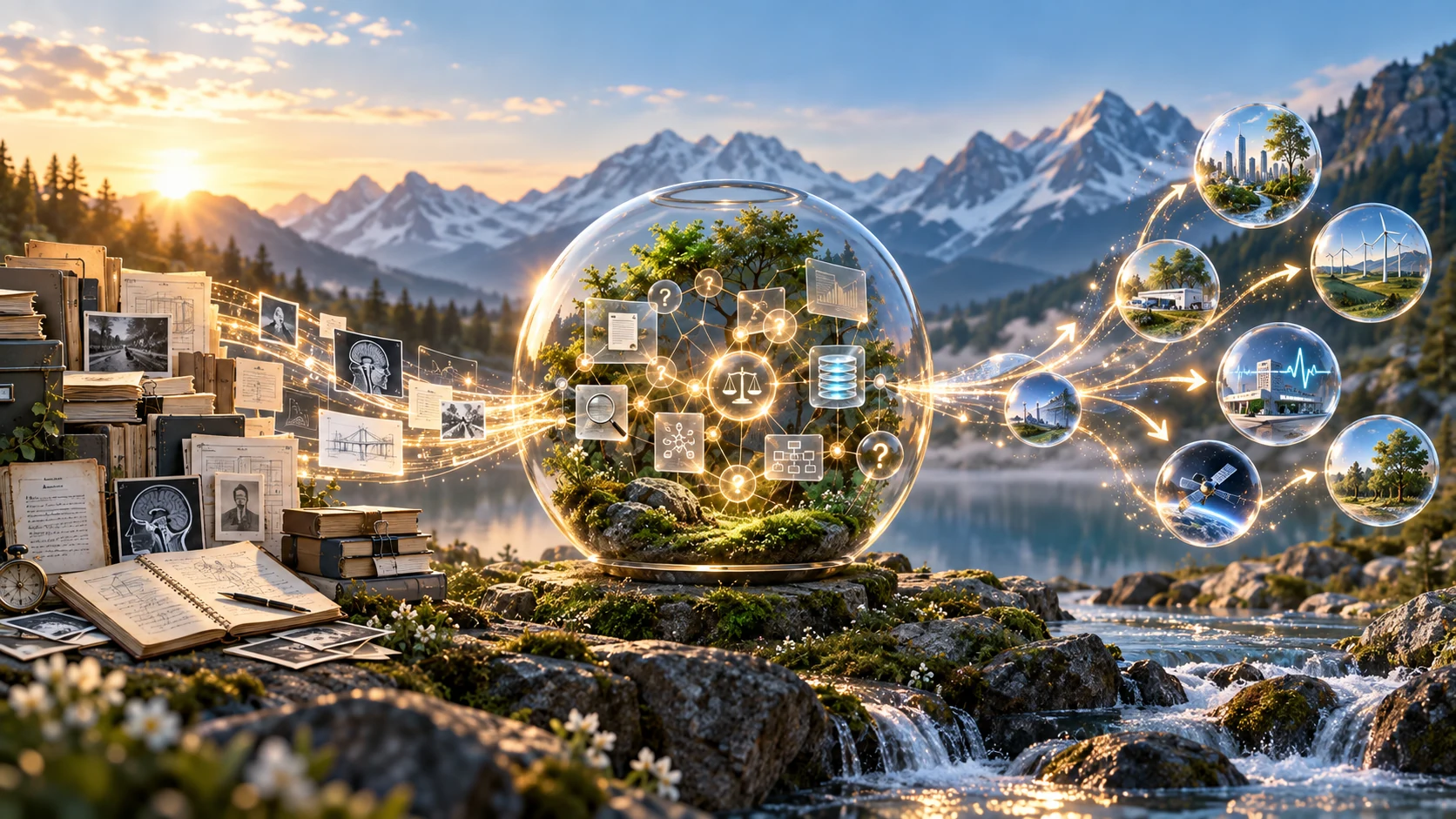 Past records flowing into a Judgment Terrarium and branching into future uses