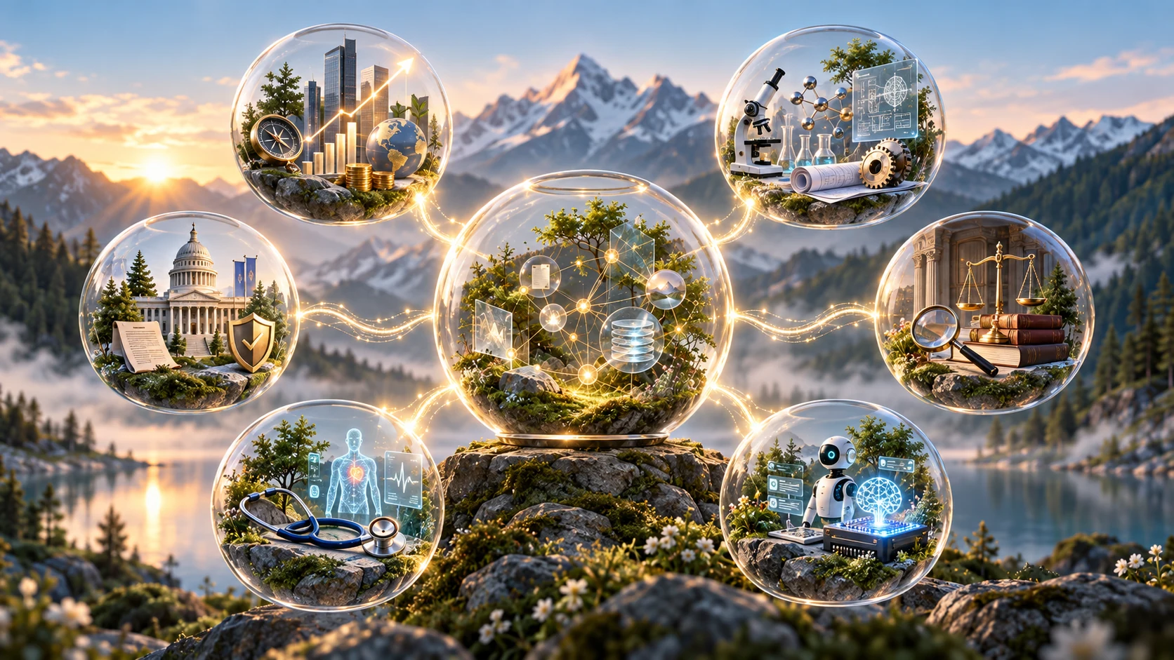 A shared Judgment Terrarium connected across business, science, healthcare, law and AI systems