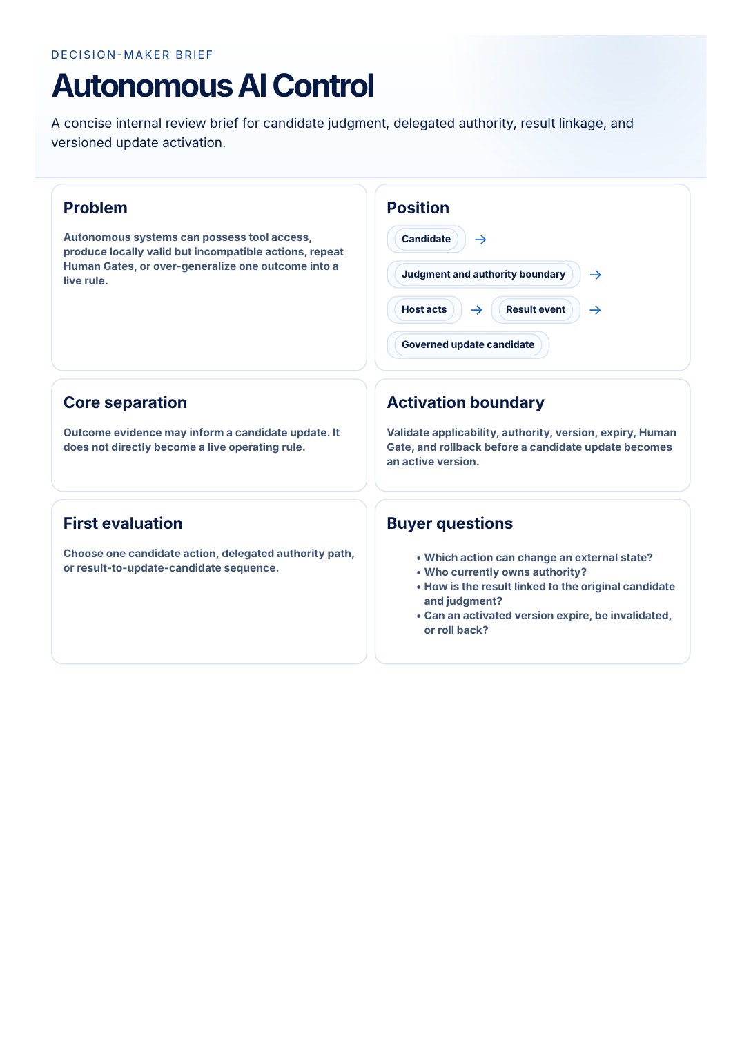 Autonomous AI Control one-page brief preview